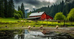 animals grazing in pond; red barn in background