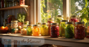 home canning - jars on counter of various kinds of preserved food