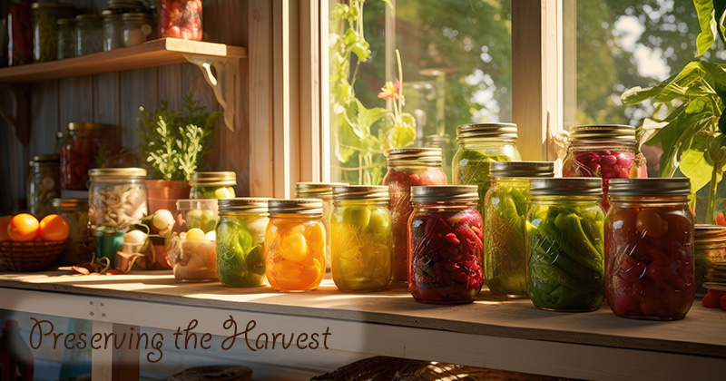 home canning - jars on counter of various kinds of preserved food